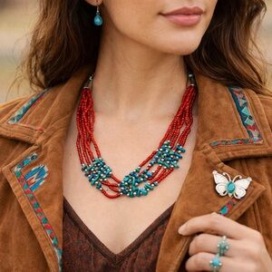 Native American 5 Strand Coral Bead Turquoise Necklace Sterling Silver 17”